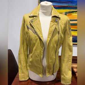 Mauritius Light Yellow Softly Distressed Leather Moto Jacket XS US4 Silver Hardw